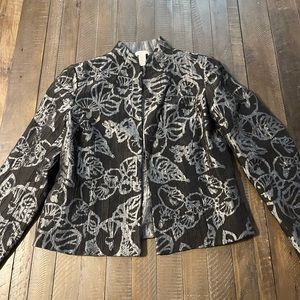 Chicos black silver crepe texture open front jacket size 0